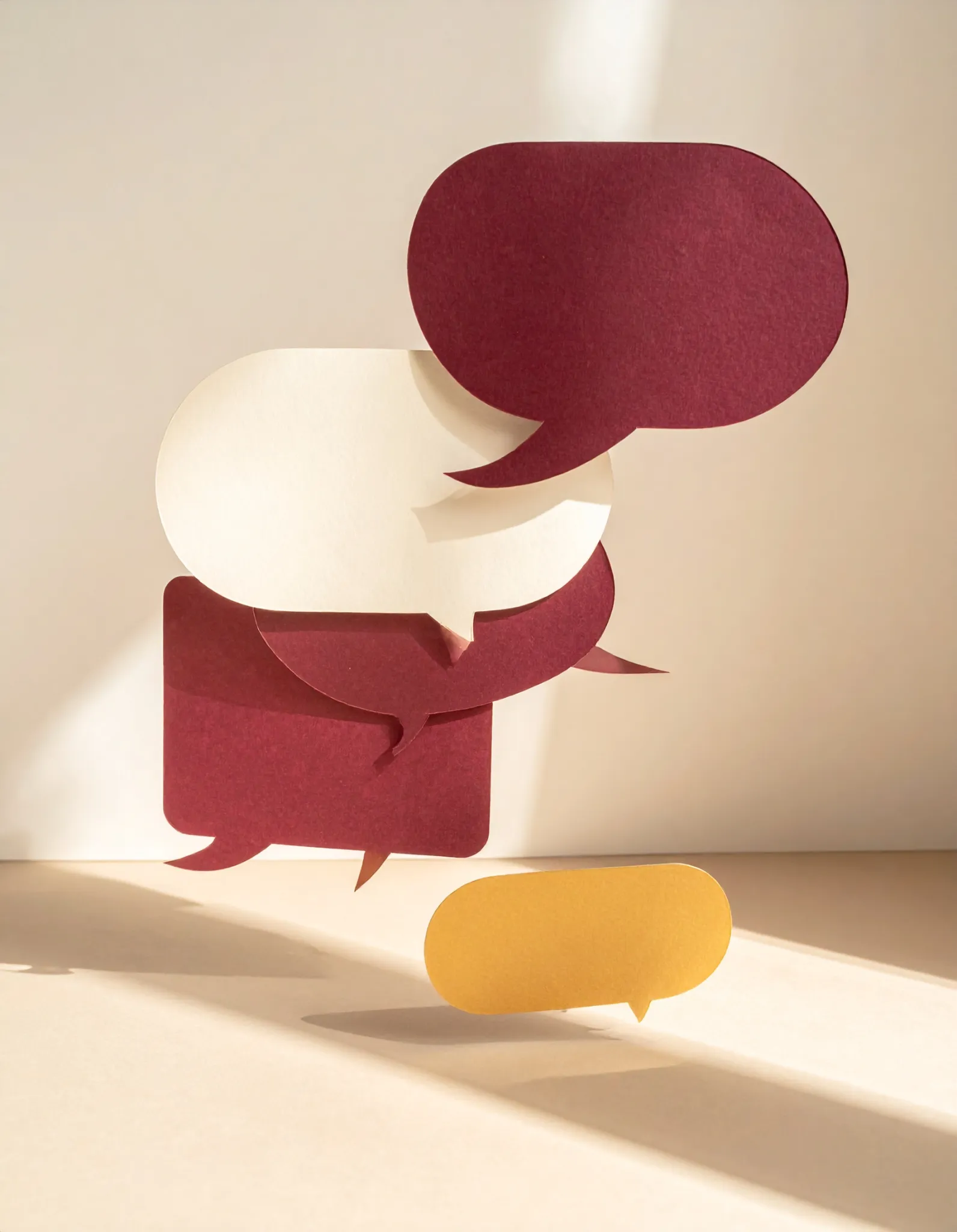 Editorial composition of speech bubbles in burgundy and gold, suggesting HR-led team conversations